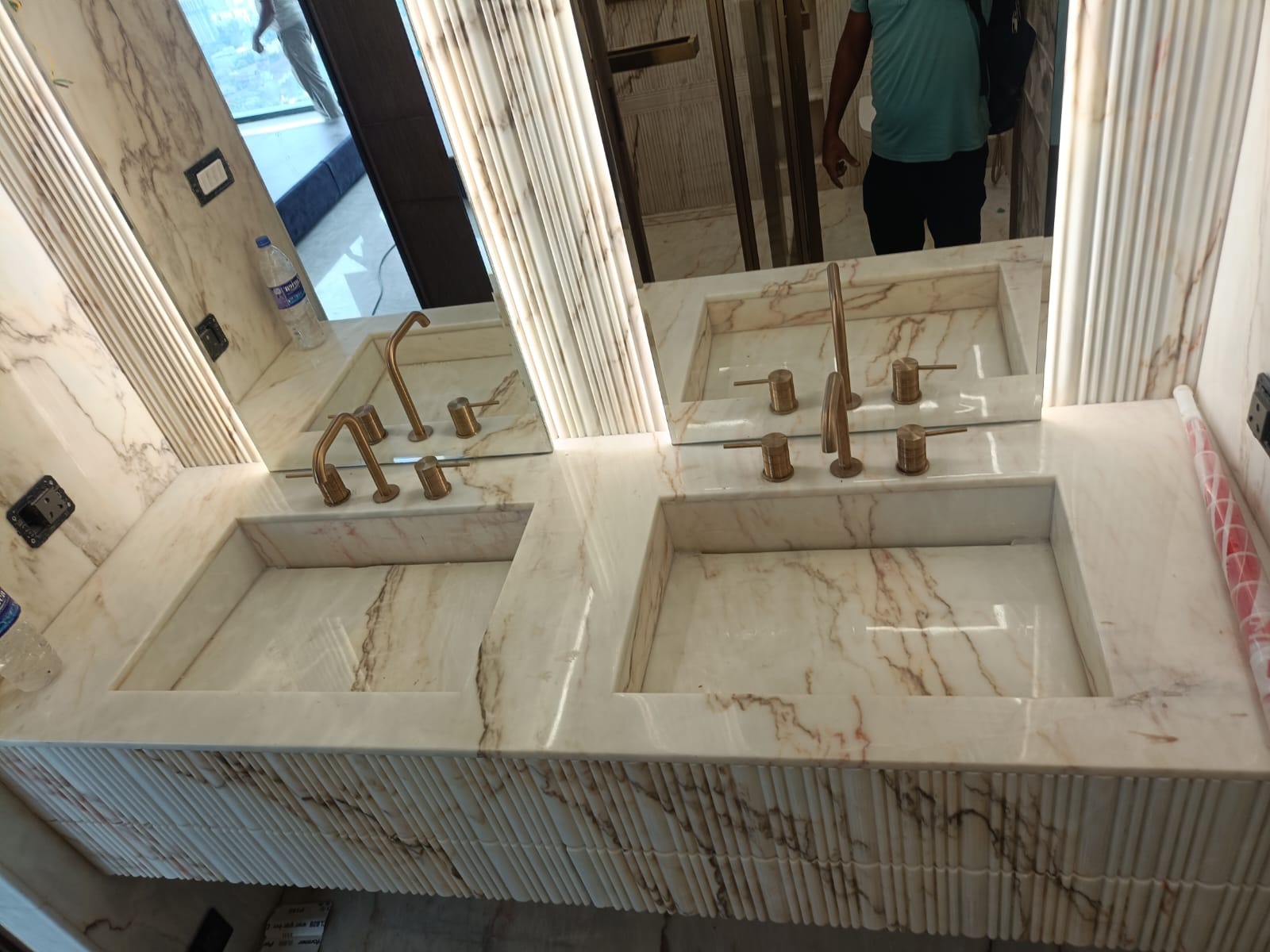 Luxury marble double vanity with brass fittings