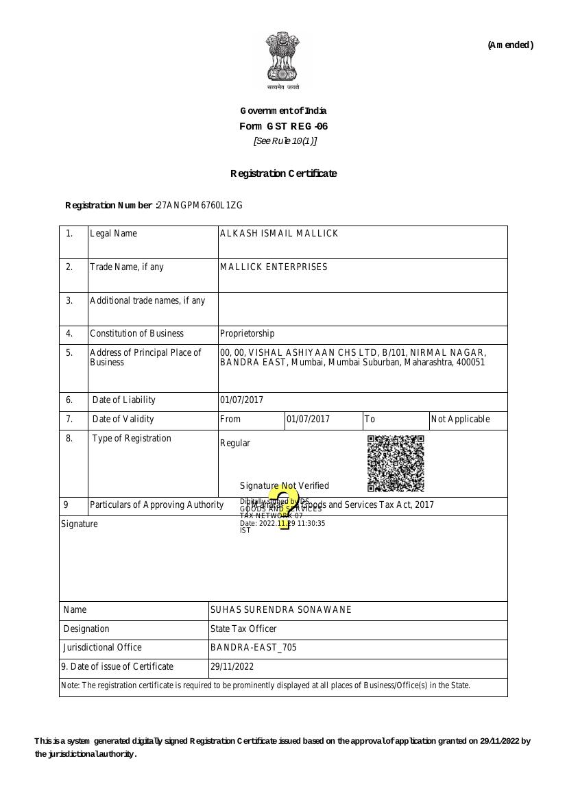 GST Registration Certificate preview