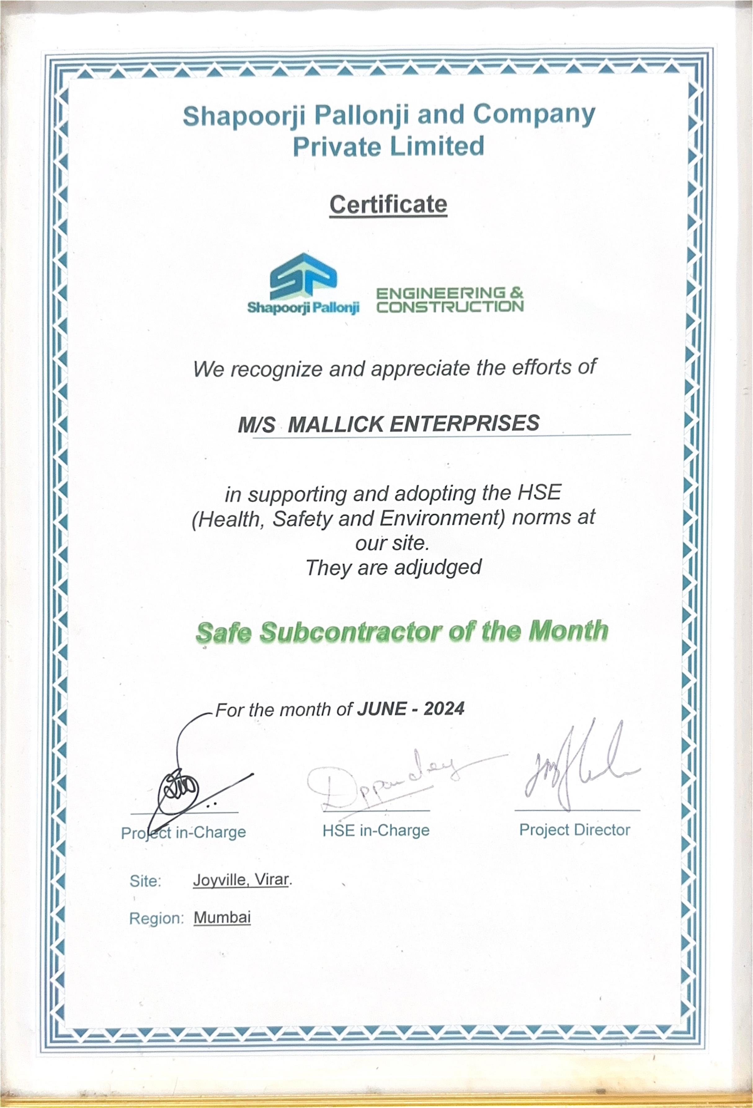 Safe Subcontractor of the Year certificate preview