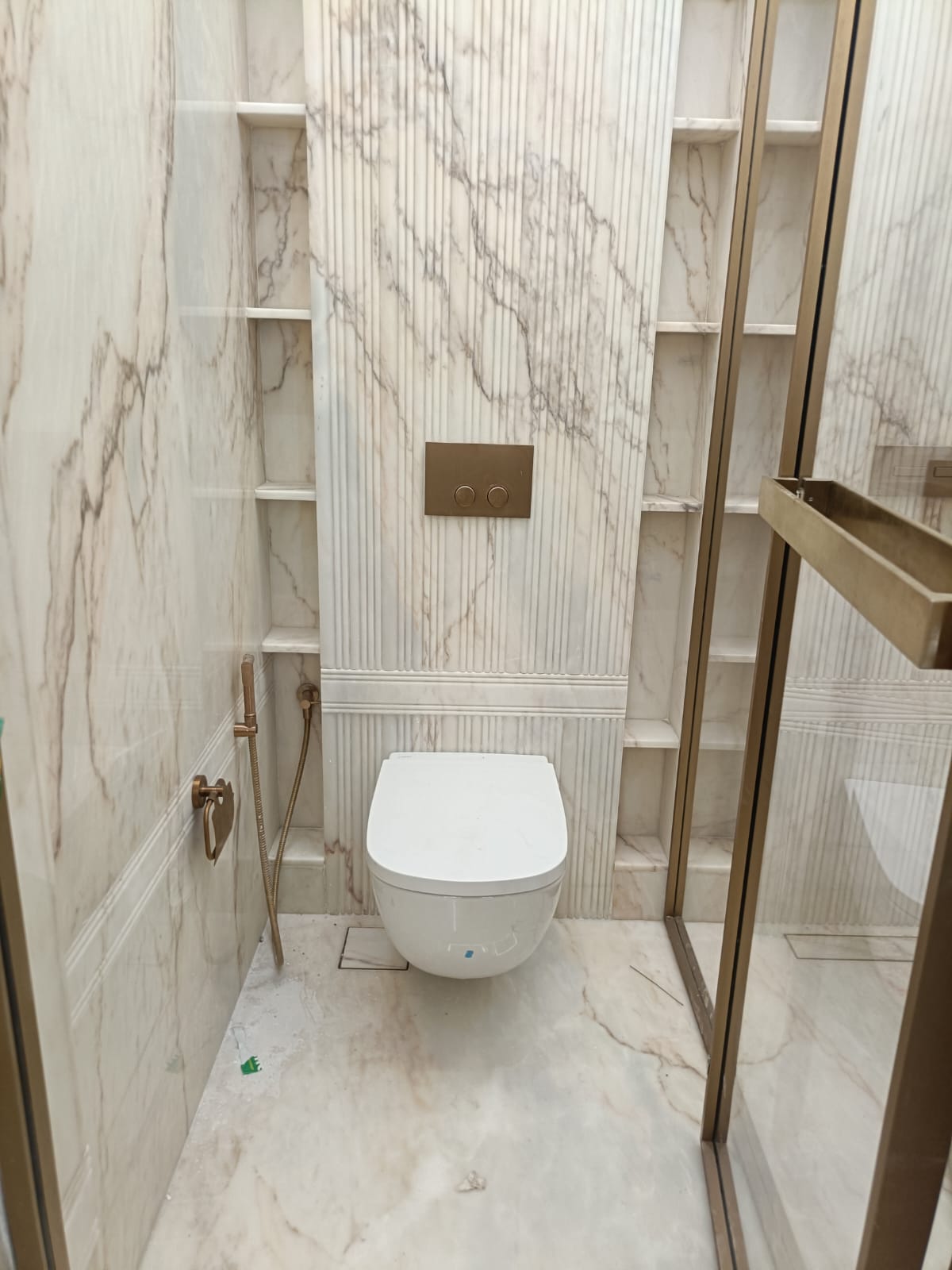 Wall-hung WC with concealed cistern in marble washroom