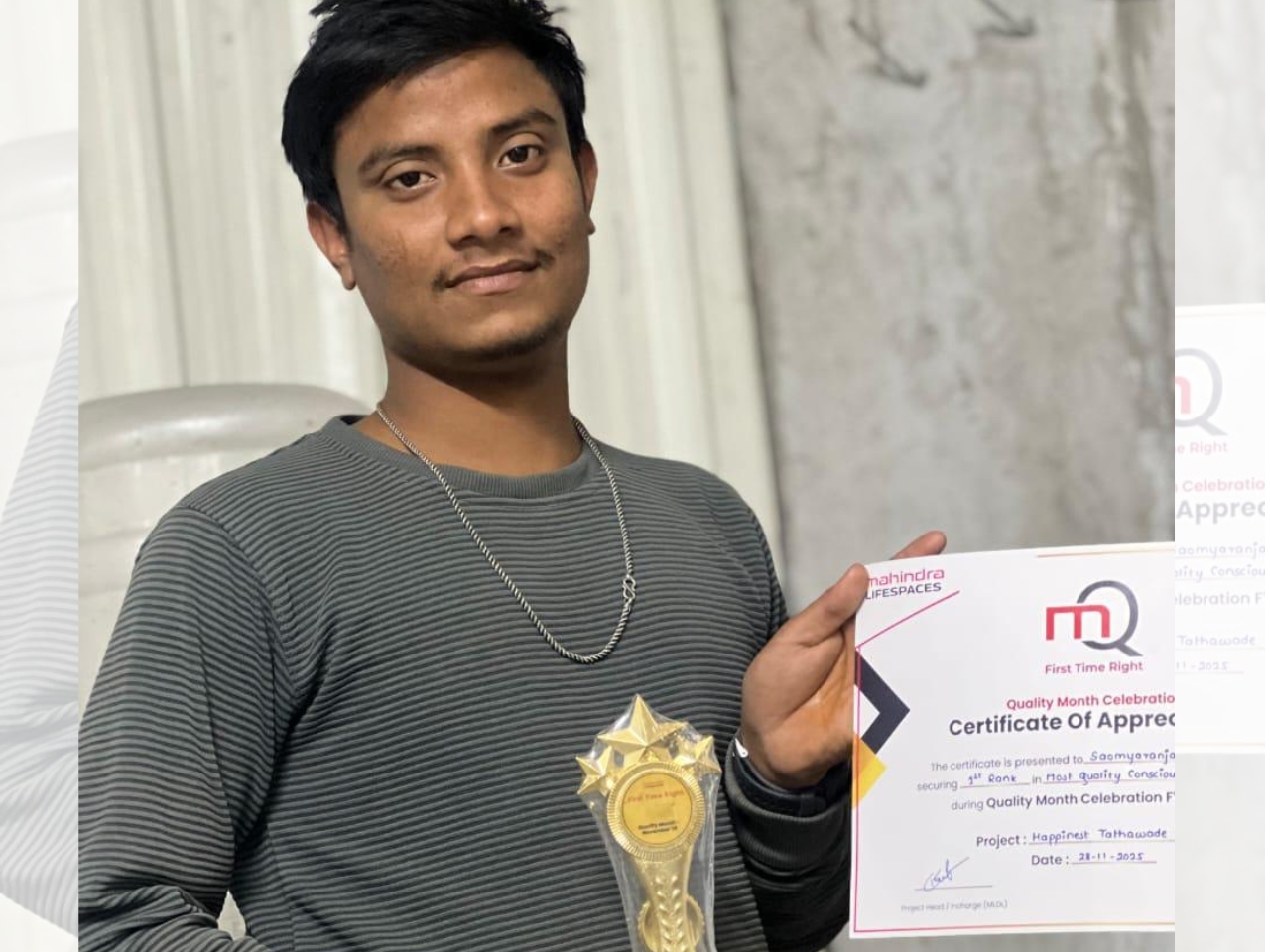 Quality champion with certificate of appreciation